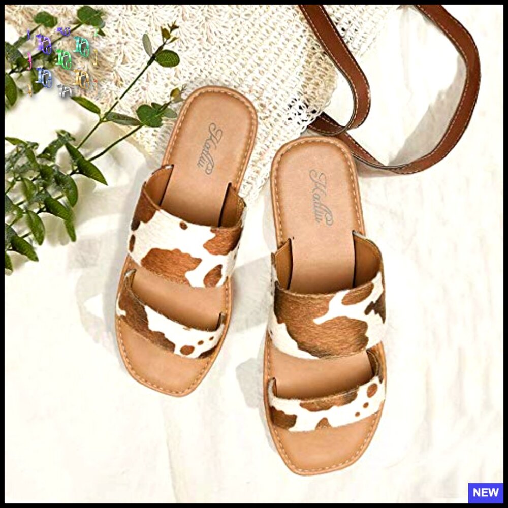 Two Strap Slide Sandals Open Toe Square Flat Mini… - image 2